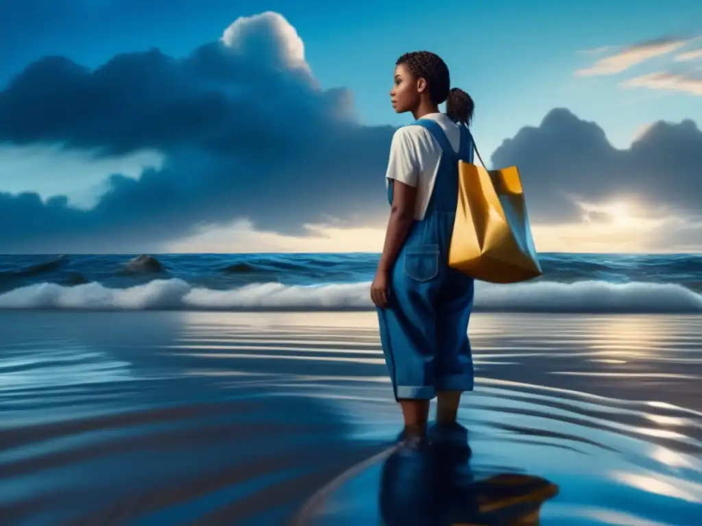 A determined woman in overalls stands alone on a flooded beach, clutching a large bag of supplies as she gazes off into the distance