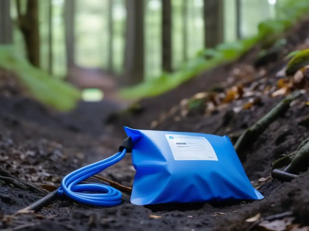 Portable sewage bag for outdoor use, easily recognizable by its distinctive blue hard plastic exterior and sturdy straps