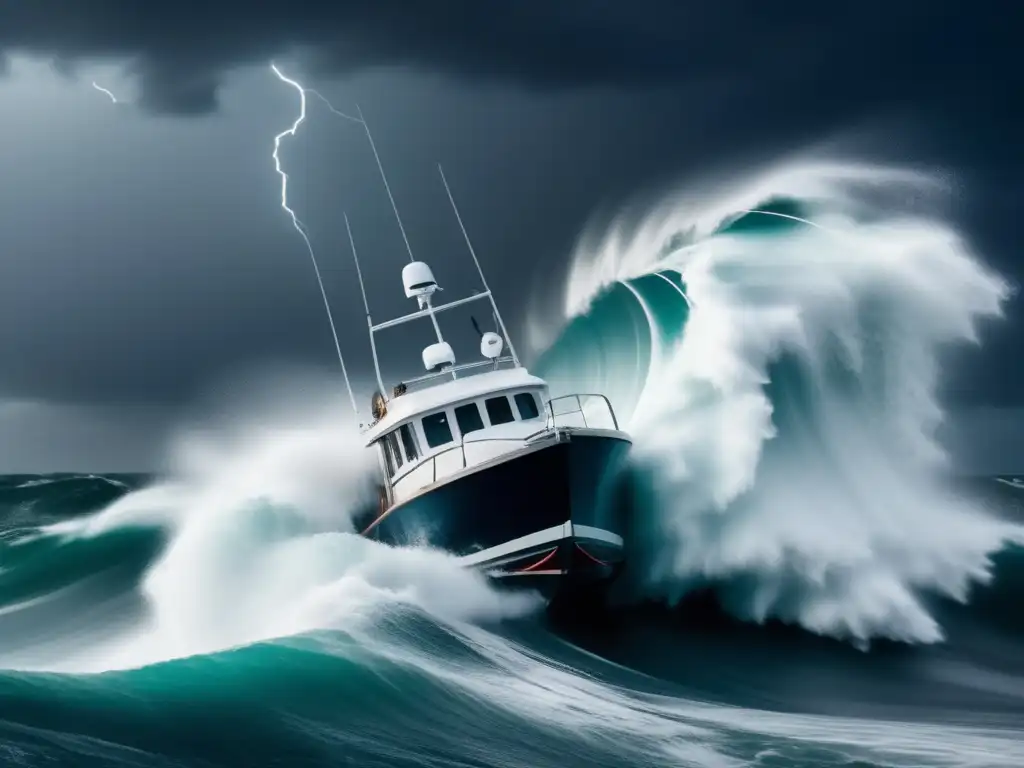 A harrowing experience aboard a boat tossed by waves during a hurricane, with lightning illuminating the fiery sky