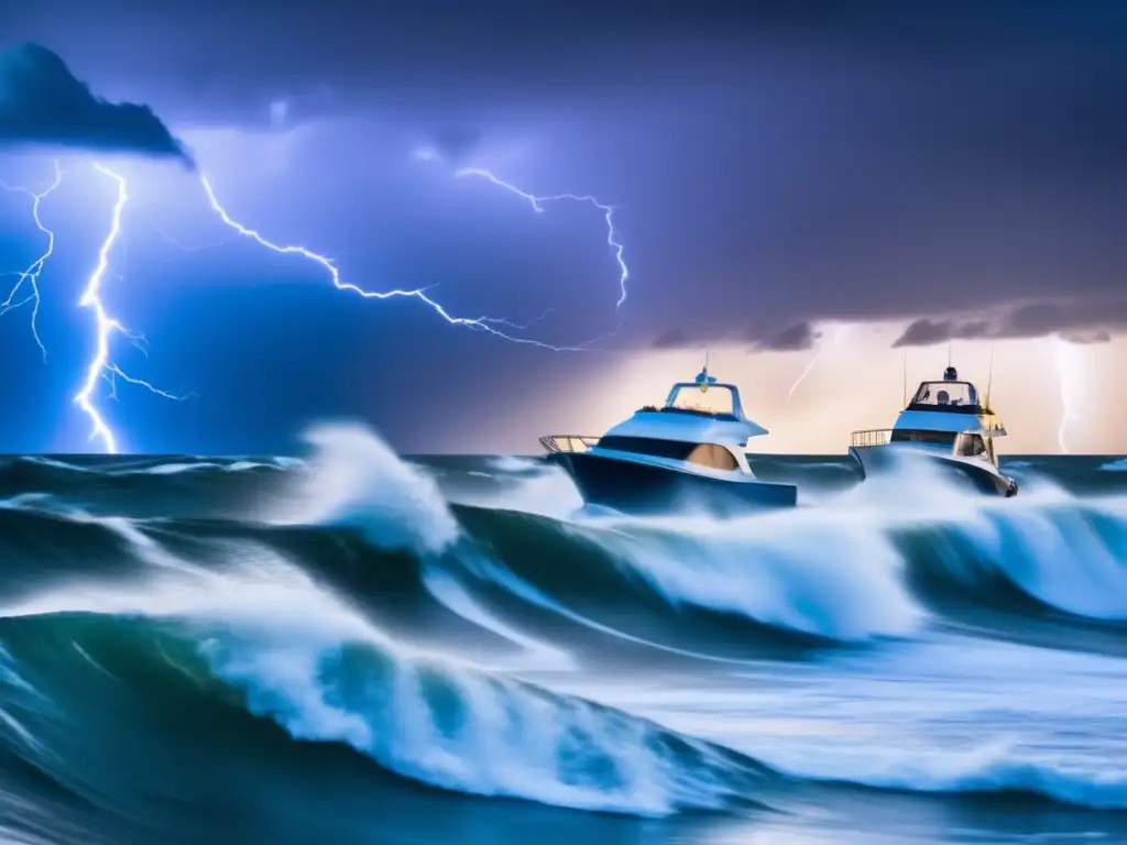 In the midst of a stormy sea, boats bob and sway, lightning flashing in the foreground