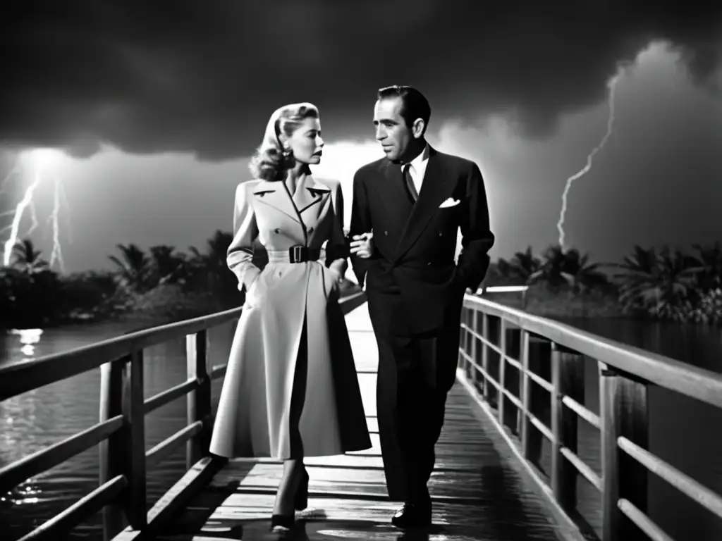 Humphrey Bogart and Lauren Bacall in Key Largo (1948) during a storm on a bridge, capturing their intense chemistry and passion