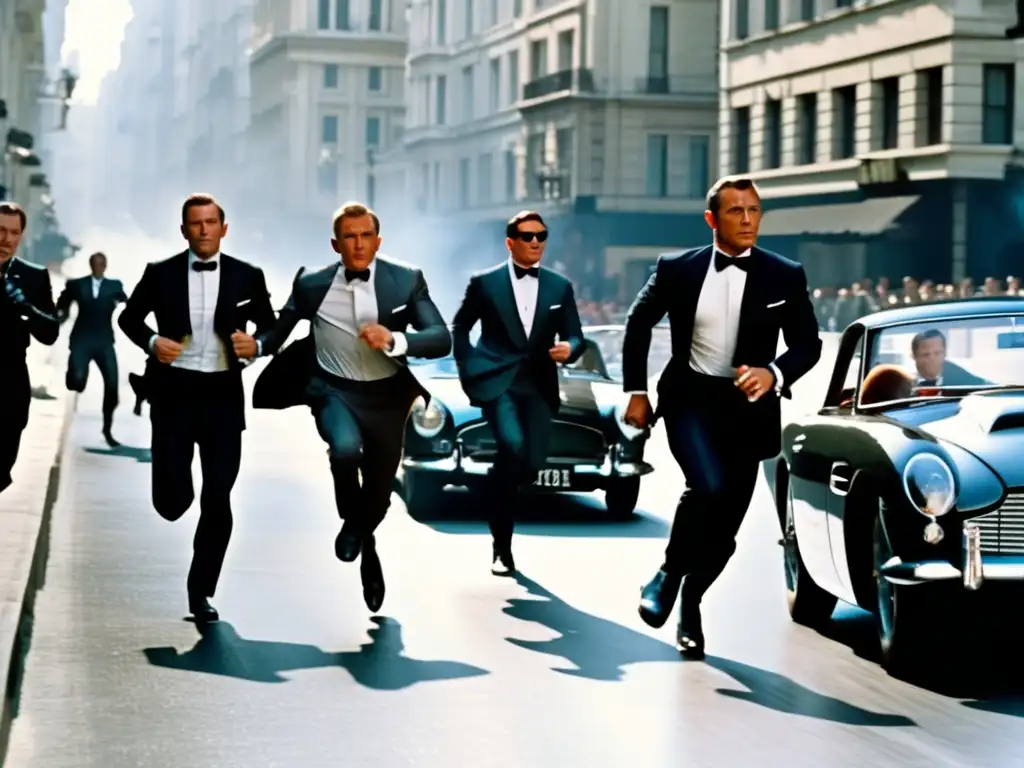 A thrilling chase scene of James Bond and his operatives escaping a building's lot, sprinting across a busy downtown street