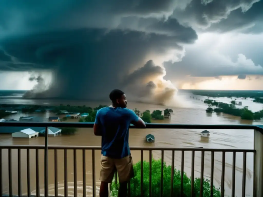 A heart-wrenching image of Zane, a determined young boy, bravely standing on a balcony in the middle of a flooded cityscape during Hurricane Katrina