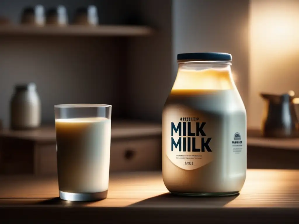 A chilled glass of shelfstable milk sits alone on a wooden table against a white background, bathed in a dim, warm glow