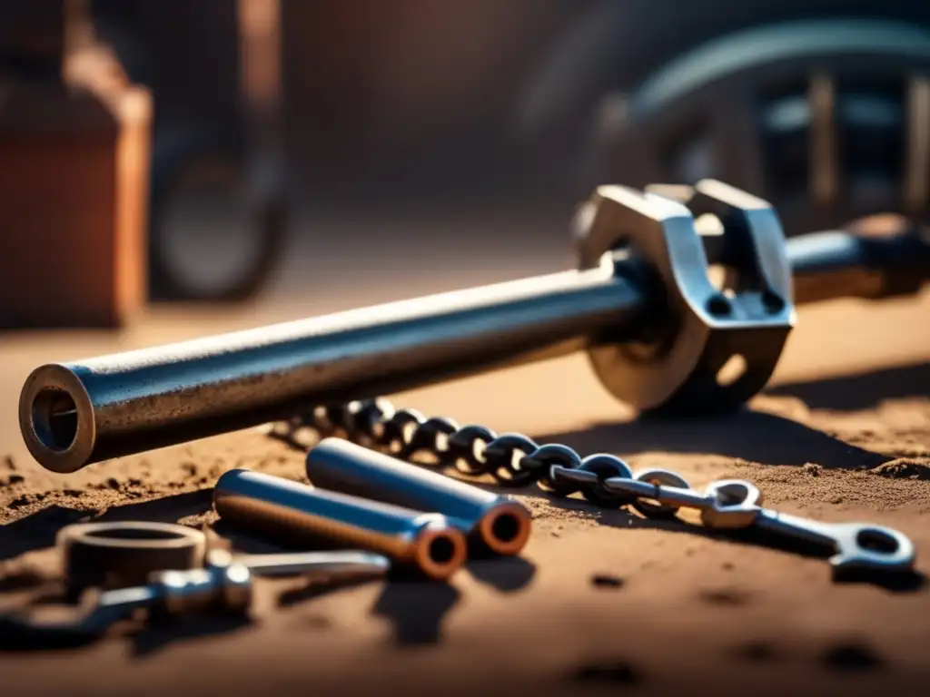 A glove-wearing mechanic intently studies a tire sparing tool set, surrounded by sparking flares and chains