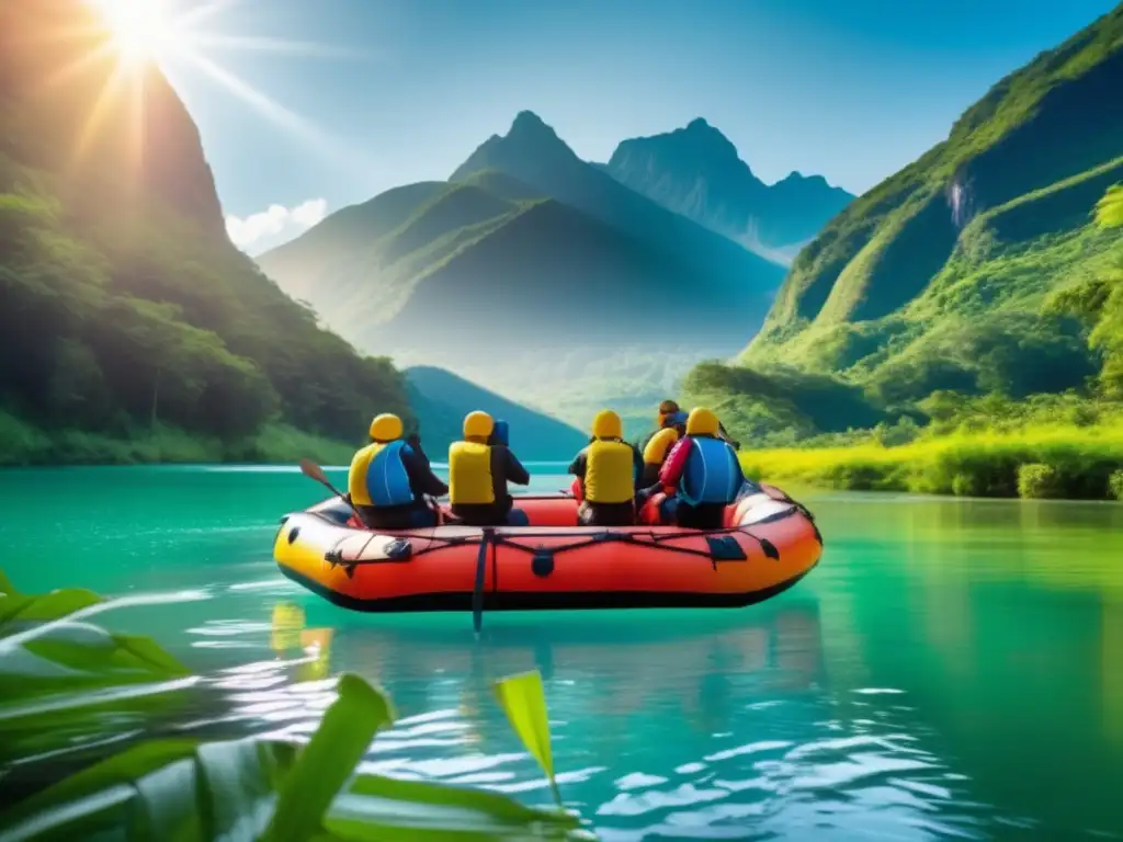 A vibrant, cinematic image of an inflatable raft amidst lush greenery and towering mountains