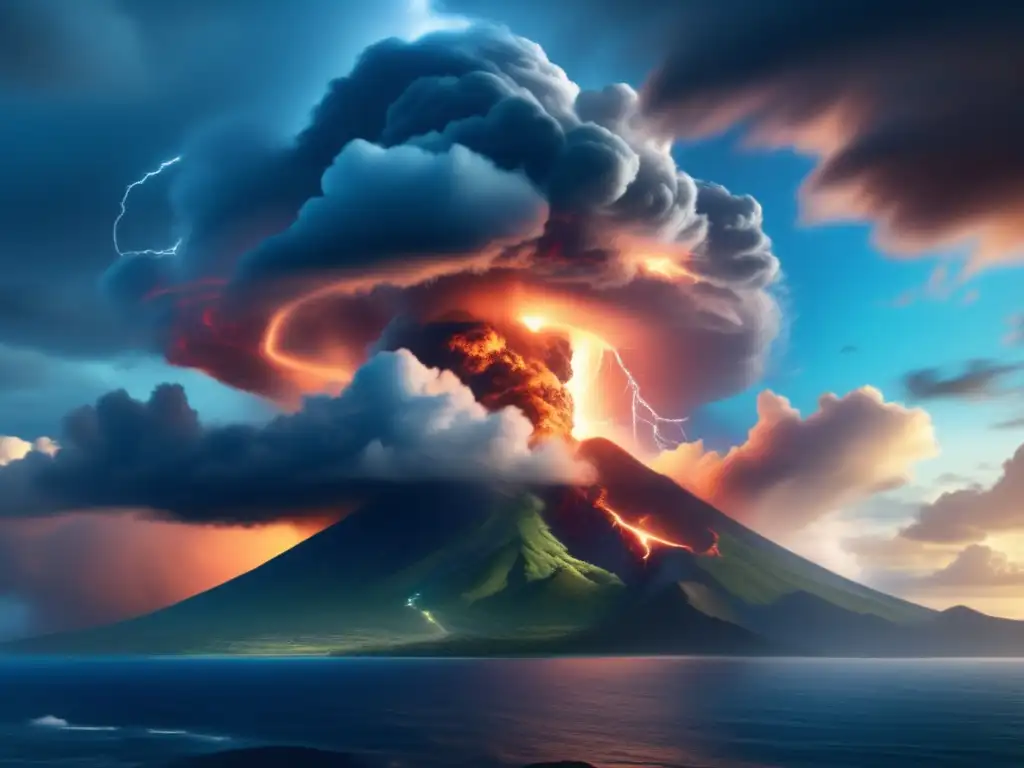 A breathtaking and cinematic 8k resolution image of a hurricane and volcano interaction, showcasing towering smoke plumes and thunderous lightning strikes against the backdrop of an azure sky and tranquil ocean