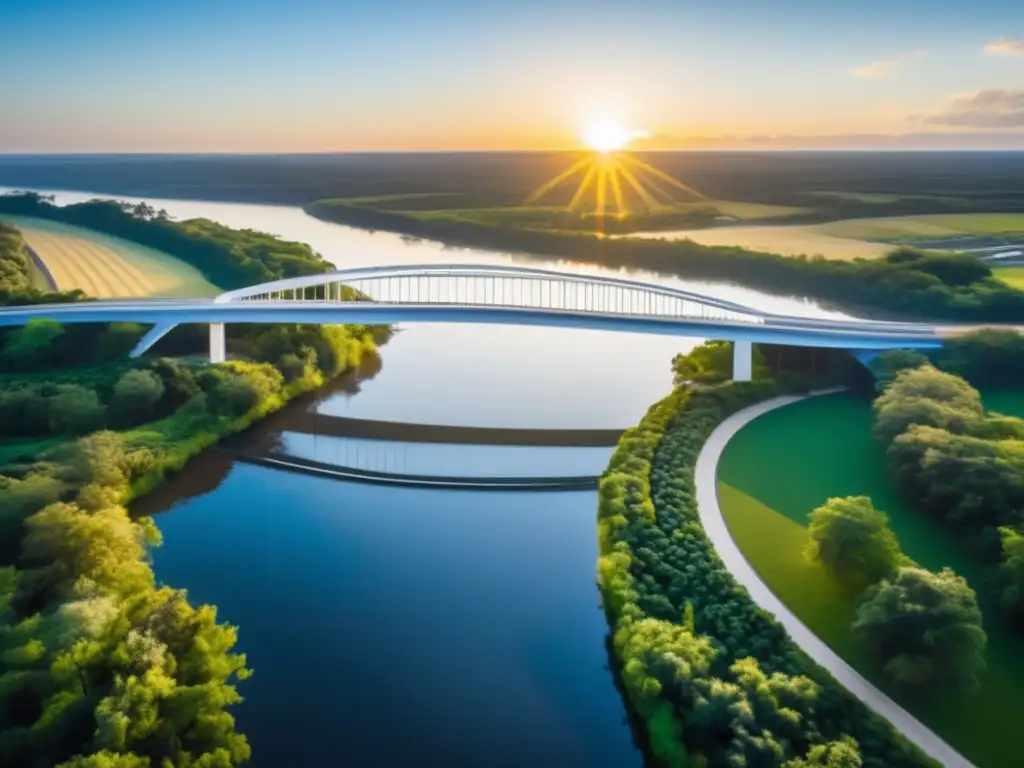 An aerial shot of a newly constructed bridge, resilient against hurricanes, spans over a tranquil river with lush green vegetation in the background