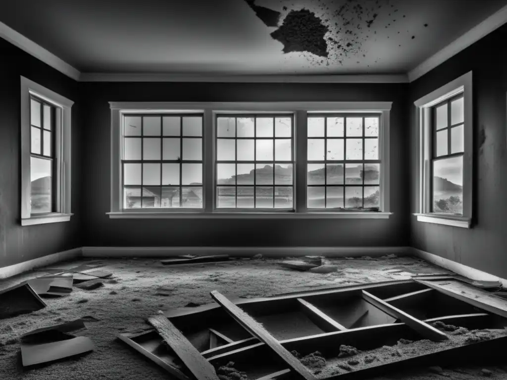 A haunting black and white image of a ransacked home with shattered windows and a desolate exterior