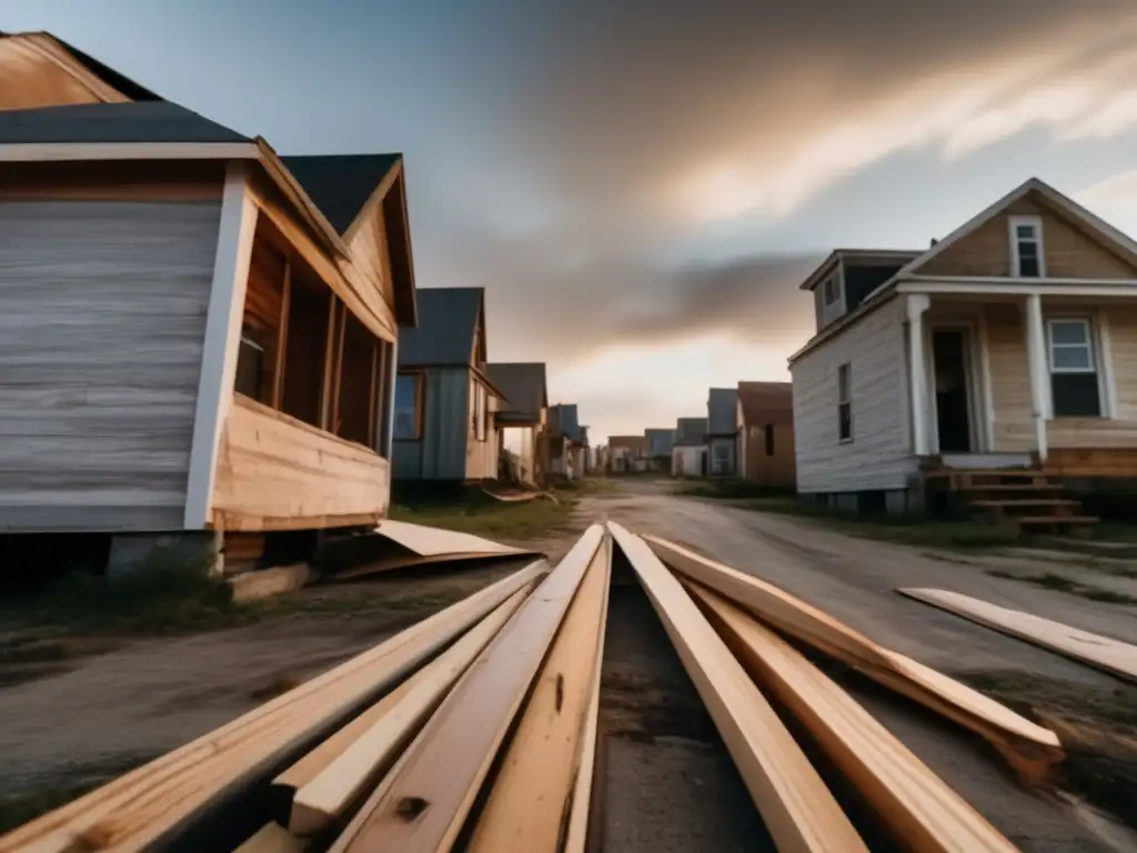 A haunting lowangle shot of a residential street in barren scrubland, with dilapidated houses swaying lightly in the breeze