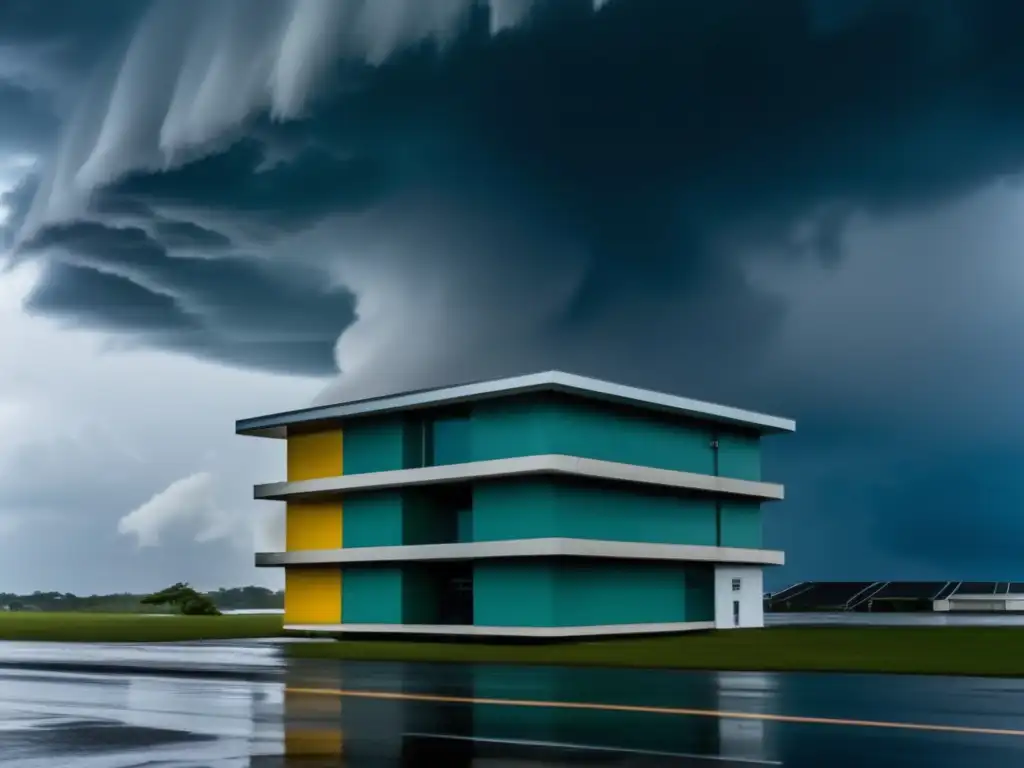 Powerful hurricane rages against the sturdy multistory commercial building, casting a dark shadow on the desolate cityscape