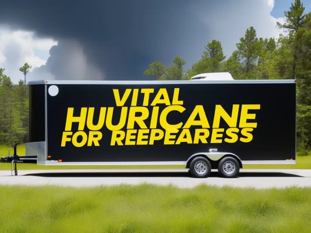 A vital bungee-wrapped trailer stands ready for hurricane preparedness, with lightning striking the background, amidst the forest and blue sky