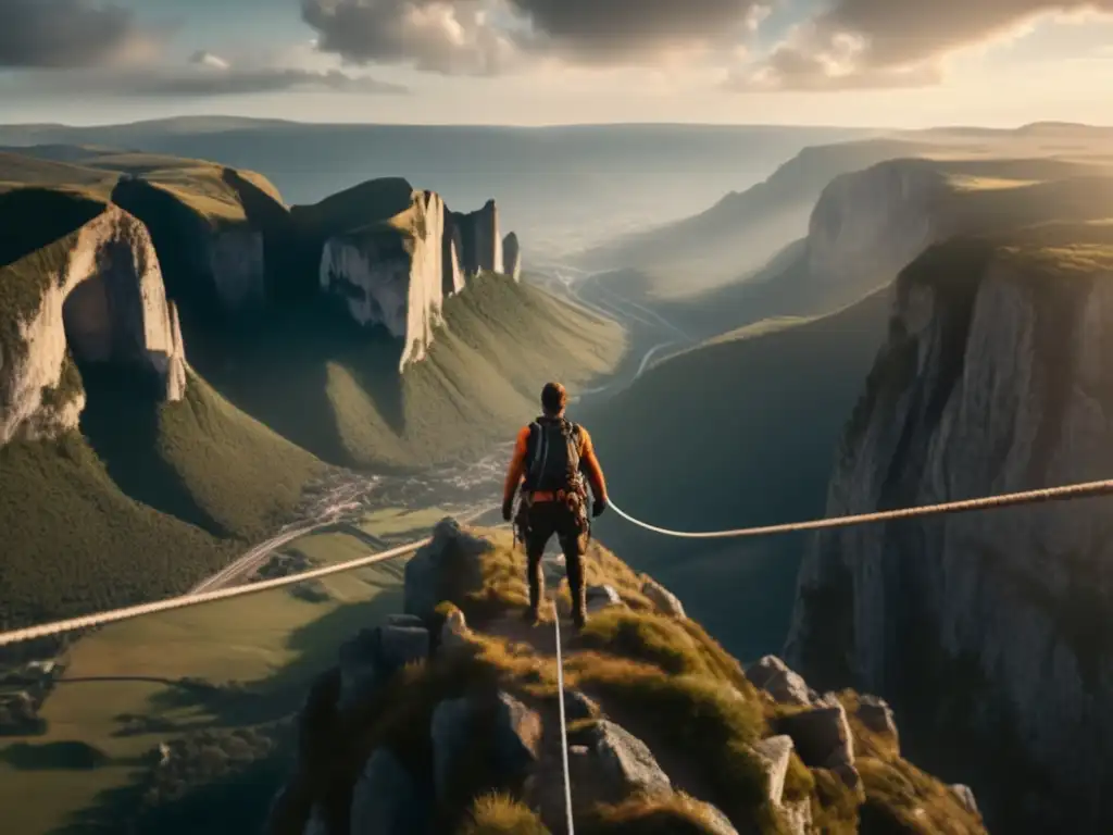 A breathtaking shot of a bungee cord stretching between two cliffs, with a person standing on one end and gazing out at the rugged terrain below