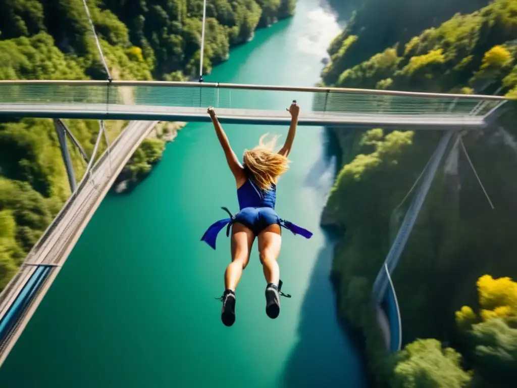 A thrilling bungee jumping experience captured in stunning 8k resolution, with a person jumping off a bridge and the wind whipping through their hair