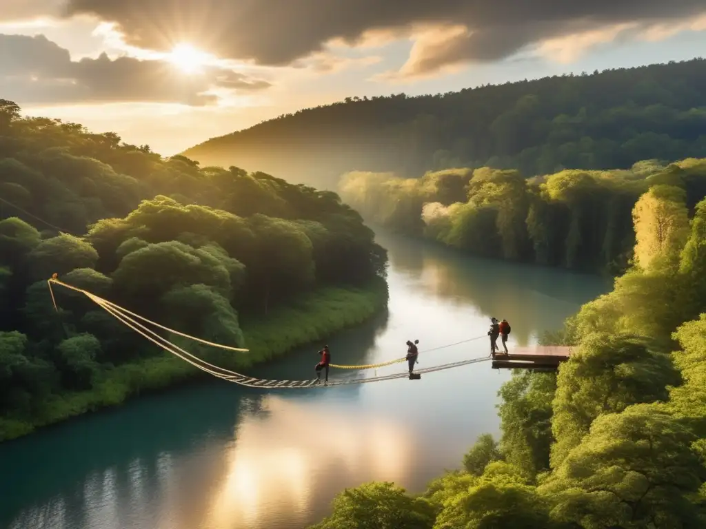 A serene river surrounds a lush forest, bathed in golden light