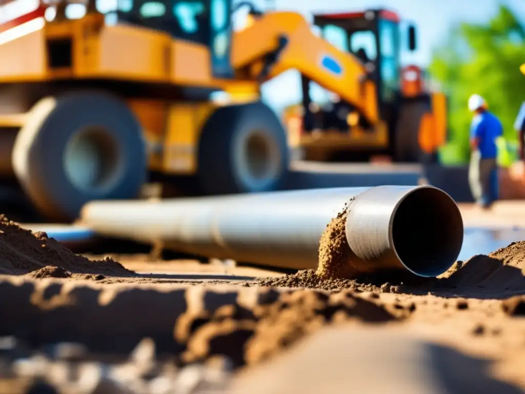 A dramatic closeup of a sewer pipeline being repaired by construction workers, with water gushing out from a burst