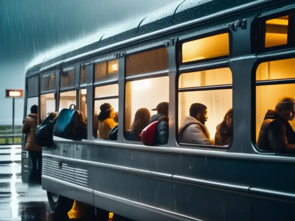 A group of travelers huddled together on a bus or train platform during a hurricane, looking out the window with concern for their safety