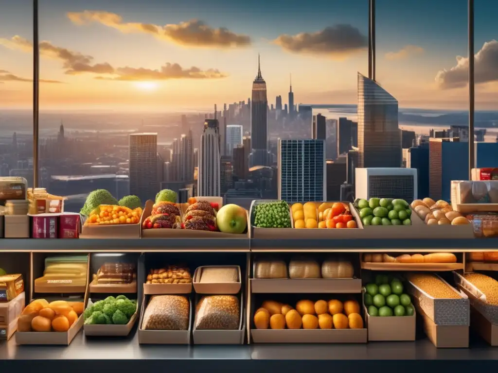 A busy city skyline, towering above a grocery store, its shelves filled with stacks of nonperishable goods, ready for the bustling crowds