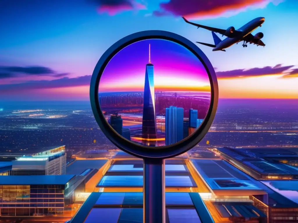 A breathtaking cinematic shot of an emergence signal mirror, perched on a skyscraper in the heart of the bustling city, captures the vibrant skyline behind