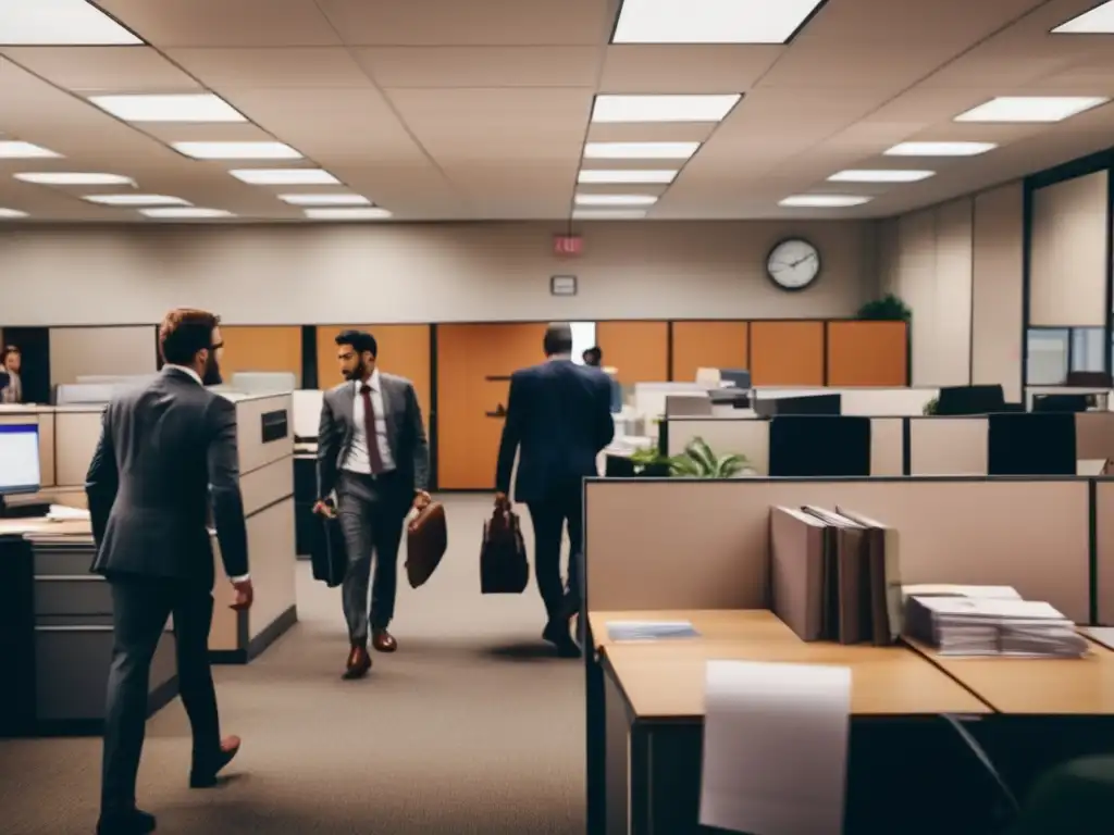 A black and white, cinematic shot of a cluttered, bustling office with people moving about