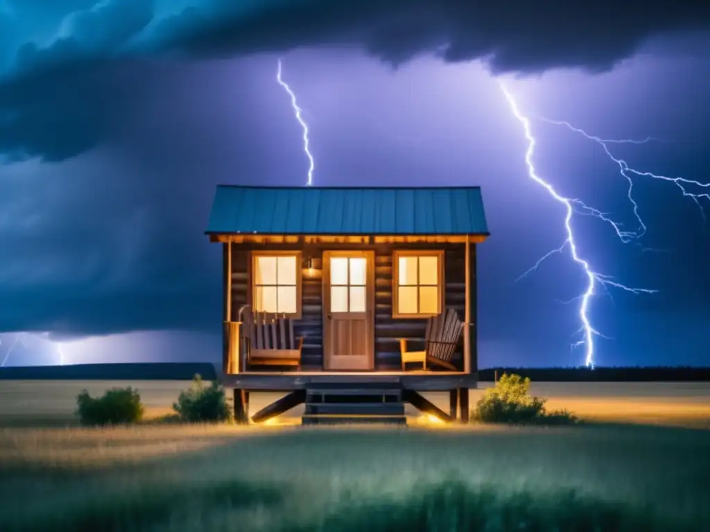 A cozy cabin perched on a high pedestal amidst the chaos of a hurricane