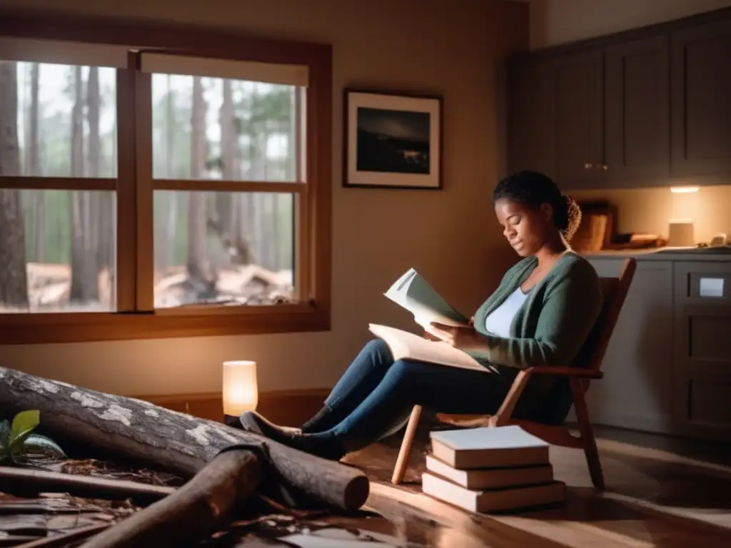 A woman sits calmly in her home amidst the aftermath of the hurricane, surrounded by fallen trees and debris