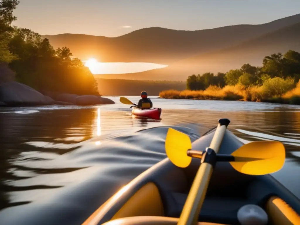 Catch your heart with this breathtaking aerial shot of a kayaker gliding through calm rapids at sunset