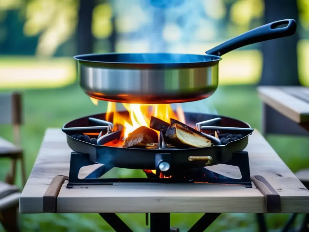 A cozy camp stove with dancing flames heats up a rustic wooden table, surrounded by clear blue skies on a warm and sunny day