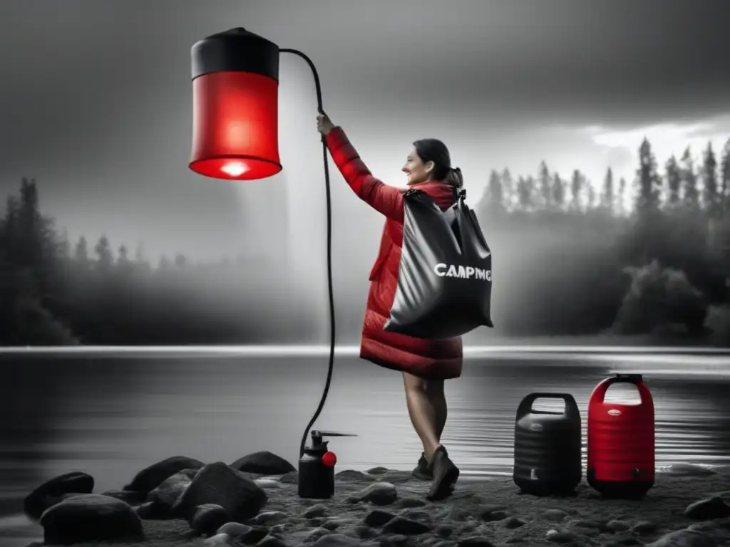 A satisfied woman stands near a portable camping shower, holding a bag of camping supplies, under the glow of a red and black lantern