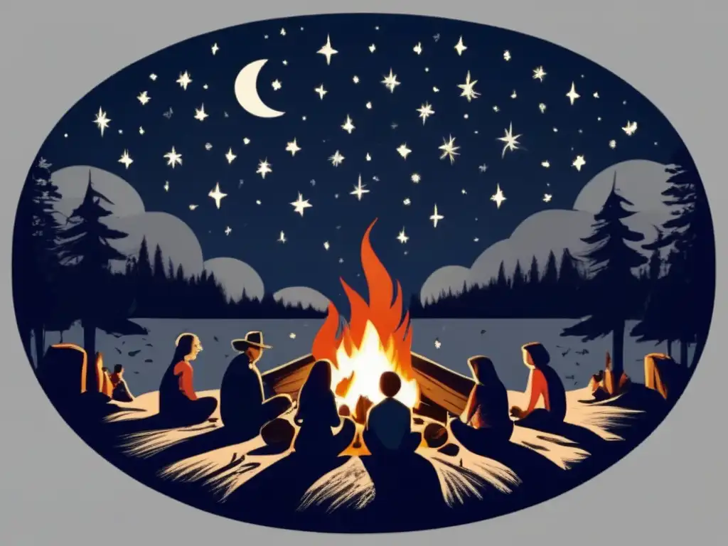 A poignant and captivating image of a group of people huddled around a campfire, connected by the bond of love and friendship