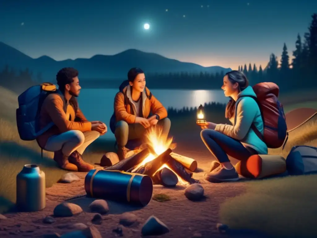 This cinematic image captures the essence of a peaceful camping trip at night, with a group of friends cozily gathered around a warm campfire