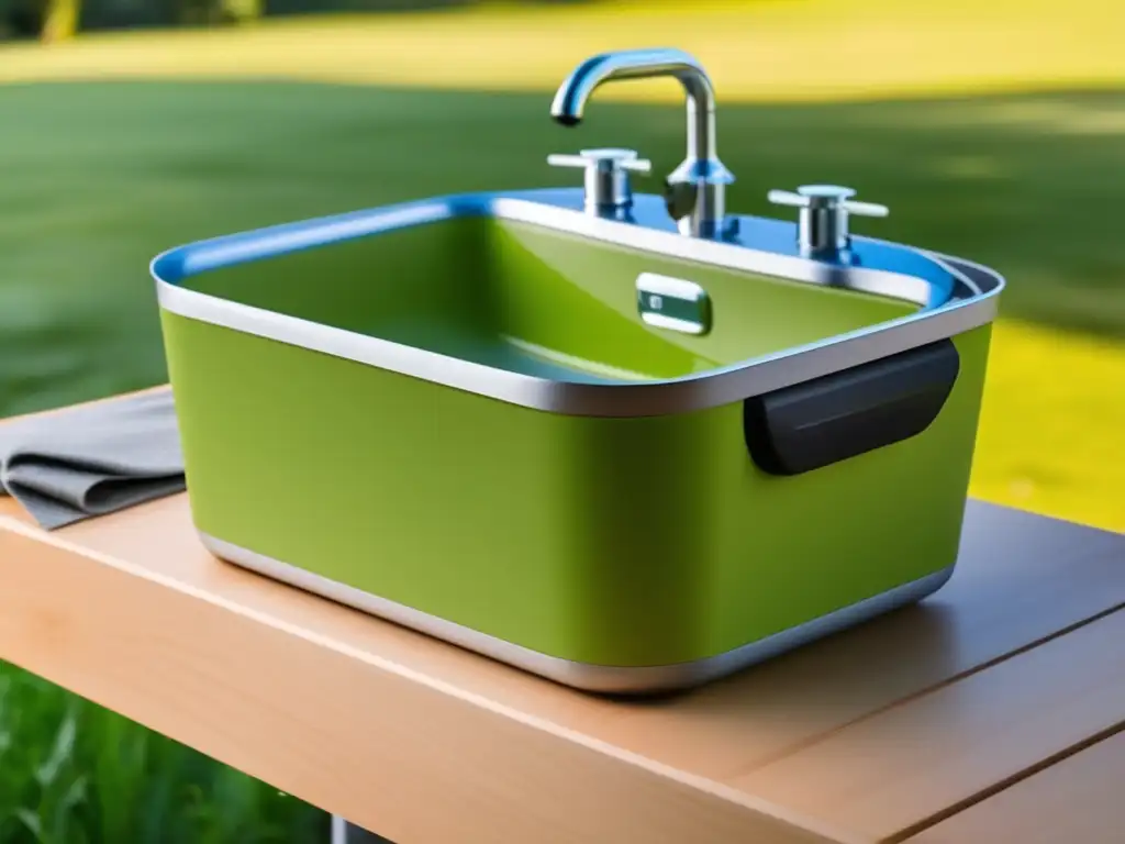 A modern and portable camping sink with a sleek design, featuring a watersaving faucet and a durable basin