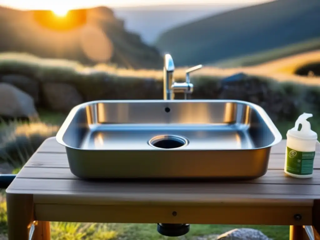 A serene camping scene: a golden light filters through the branches, casting a warm glow on a portable sink sitting on a flat wood surface