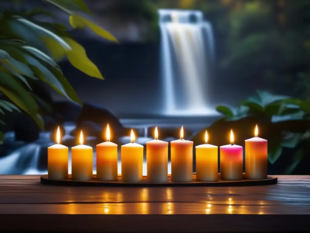 A serene candlelit scene, with longlasting candles casting a warm glow in front of a peaceful natural waterfall landscape