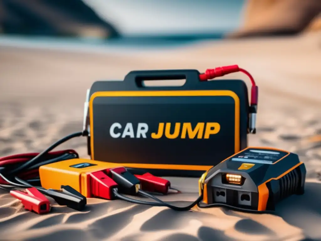 An array of car jump starters arranged in a cinematic fashion, with sharp contrasts and intricate details