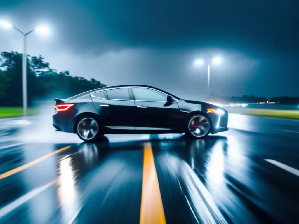 A dark car turns safely into the driveway, weary from battling the raging hurricane