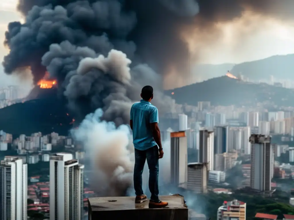 A person stands tall amidst the wreckage of a city, staring out at the cityscape below, where ash and smoke rise from the horizon