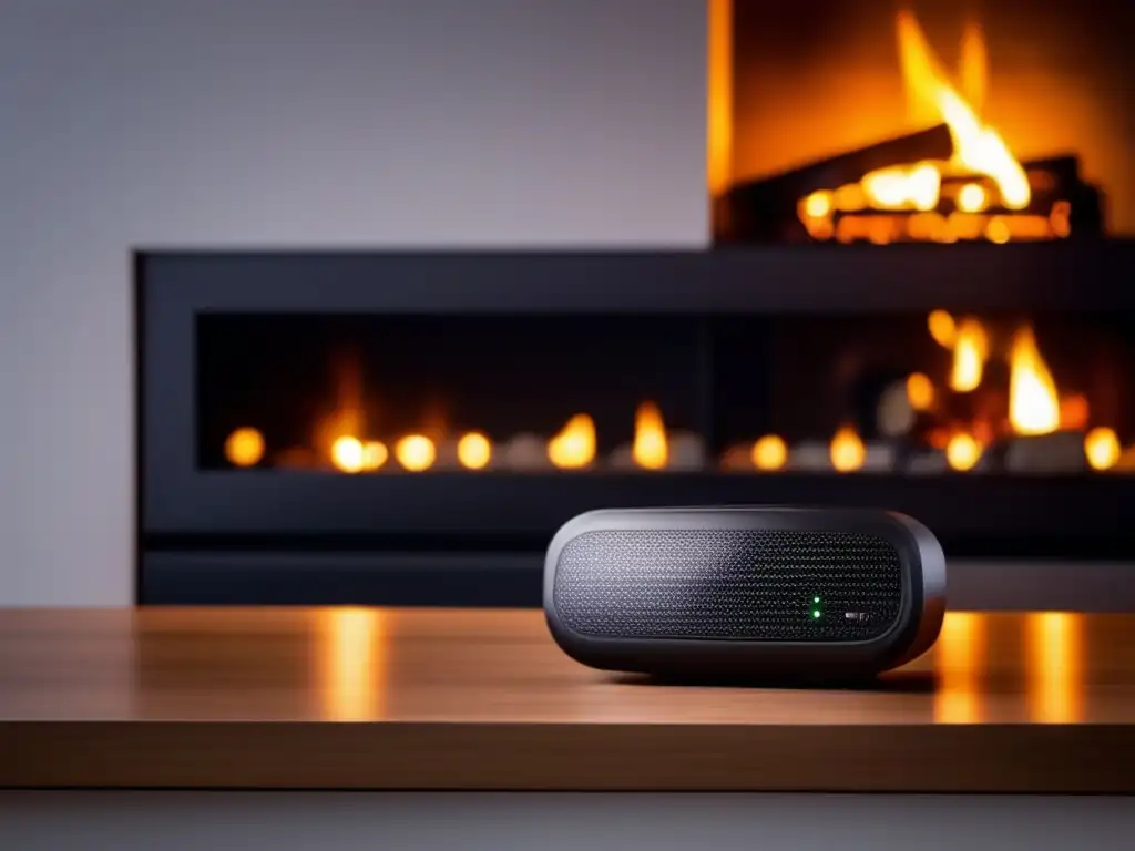 A sleek black carbon monoxide detector with a digital display and LED lights, placed on a white wall in a cozy fireplace room