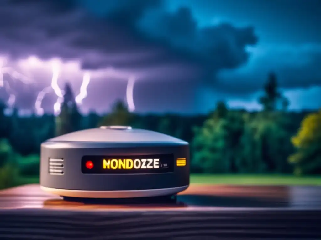 A towering oak tree in the distance, drenched in rain, frames a small, round carbon monoxide detector resting on a table next to a generator