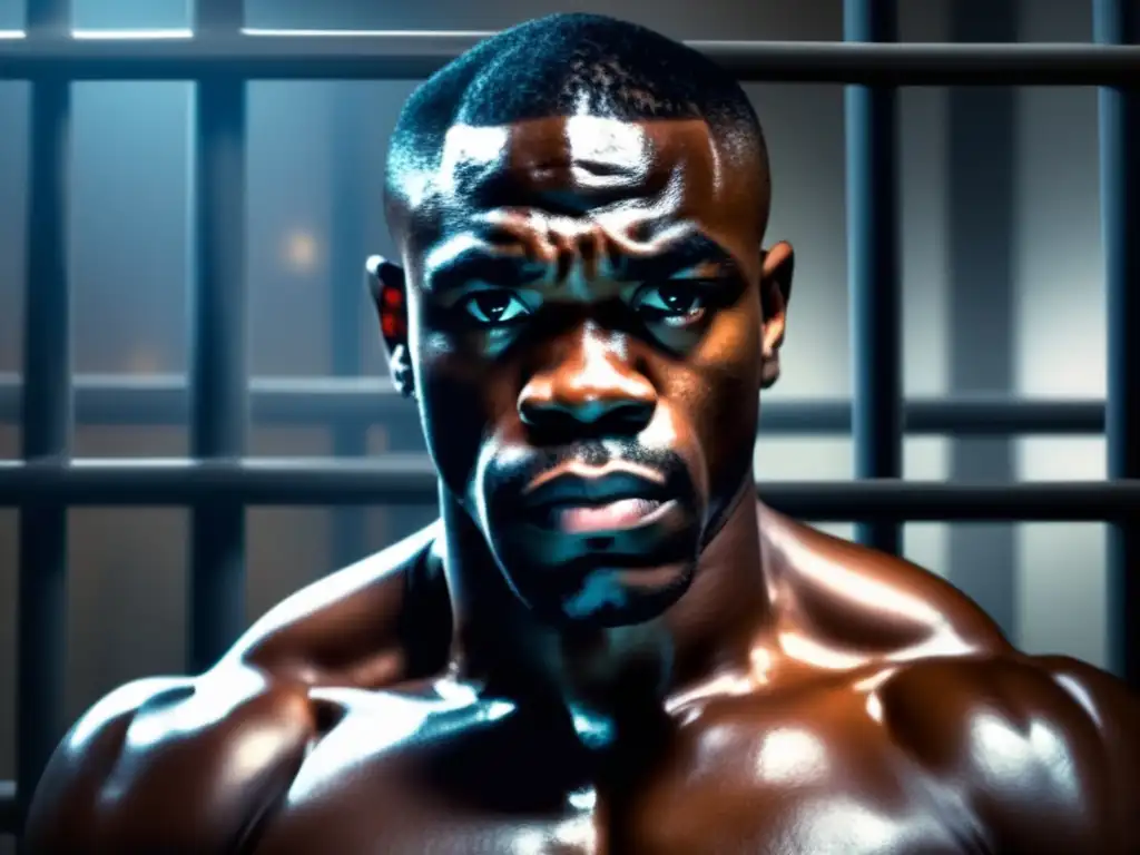 Hurricane Carter, a determined and resilient Black boxer, sits in a dimly lit prison cell, surrounded by bars and chains