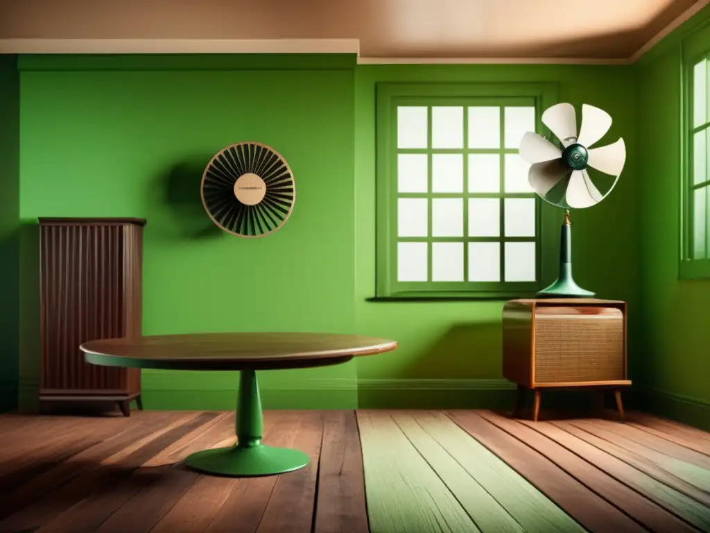 Dash- Green room with rustic wooden floor, pastelcolored walls, and vintage furniture in the foreground