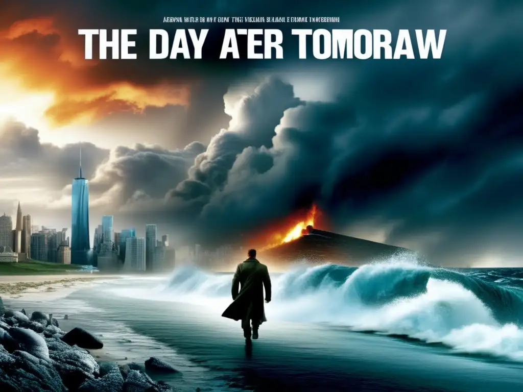 The Day After Tomorrow' poster captures the aftermath of a catastrophic storm in a desolate urban landscape, with towering sky and crashing waves