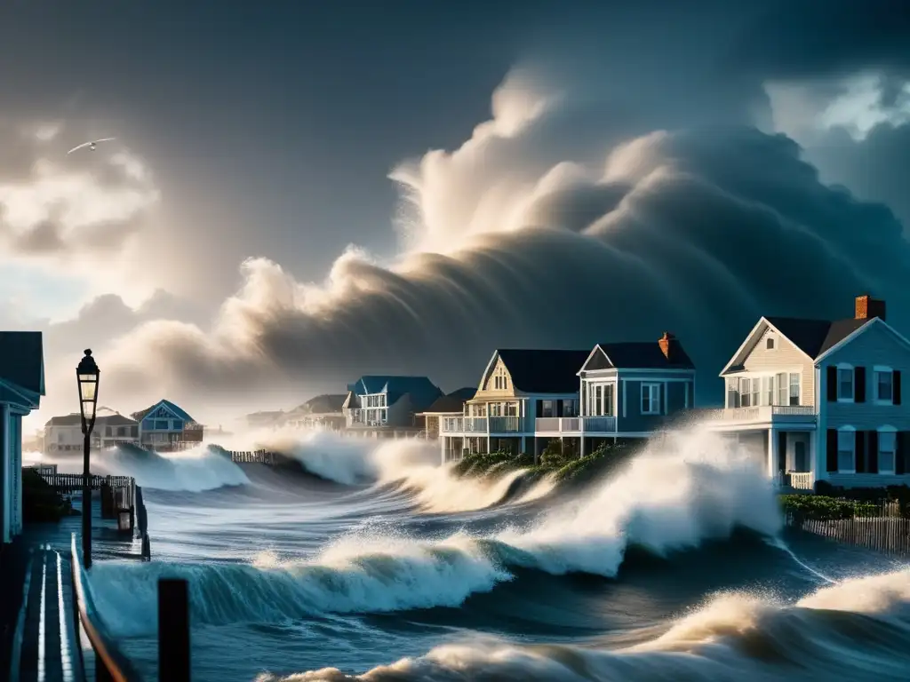 A harrowing cinematic image of a storm surge flooding a coastal town during a hurricane