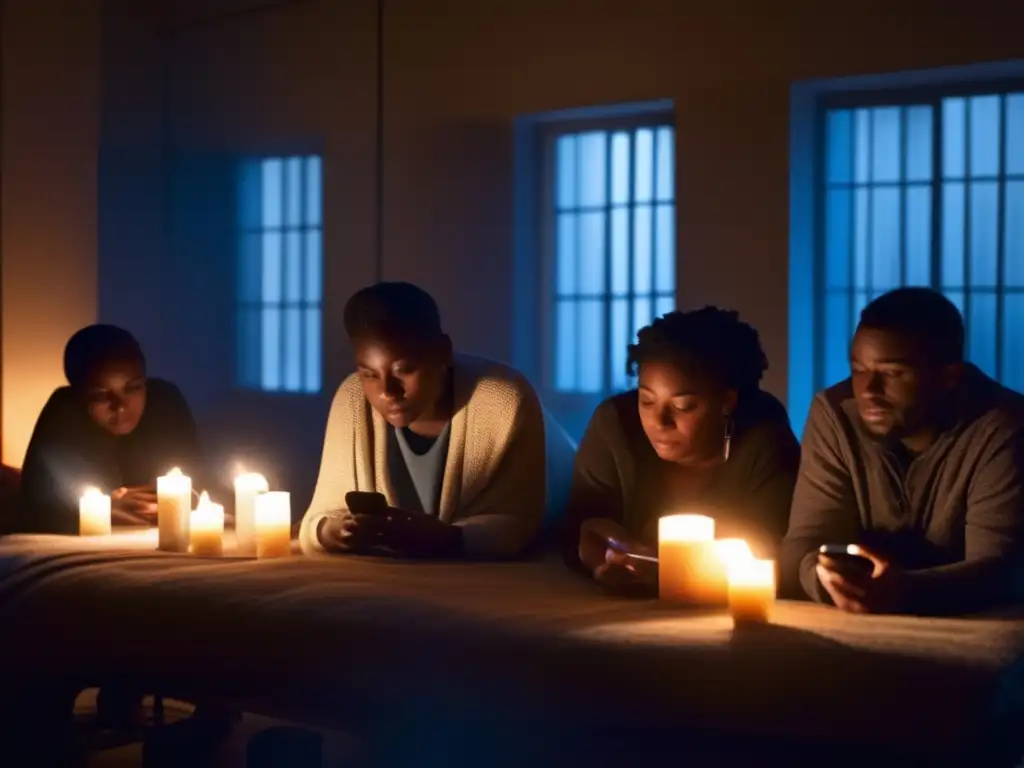 A haunting scene of a group seeking comfort and warmth amidst darkness, blankets covering their knees, flickering candles casting shadows