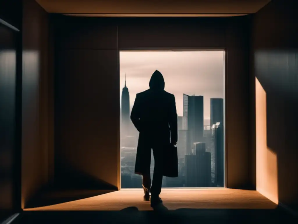 A person stands cautiously in the shadows of a financial stash hiding spot, amidst an eerie urban landscape