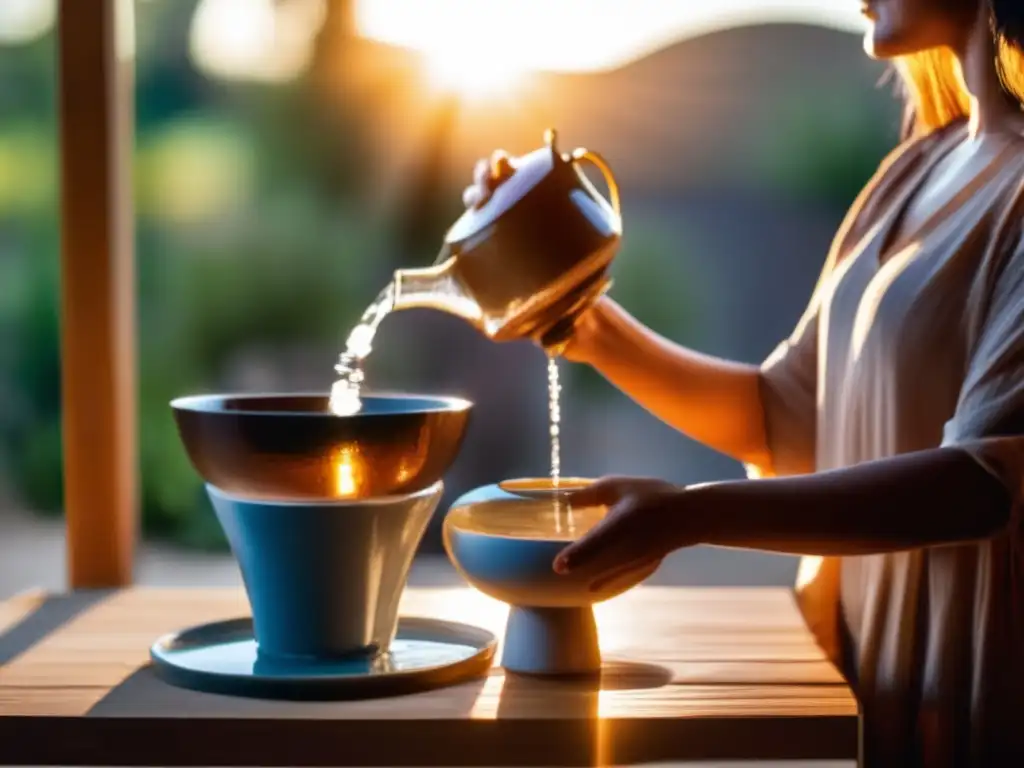 A serene woman confidently pours water through a ceramic filter, with the sun shining brightly and casting warm shadows