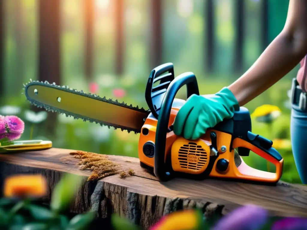 A fierce female warrior guards her lush forest home, brandishing a chainsaw as her weapon of choice