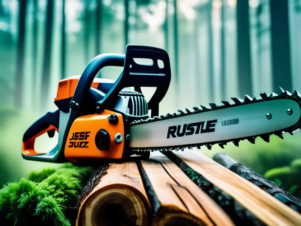 A thrilling cinematic shot of a chainsaw slicing through dense forest, misty trees in the backdrop, and a roaring chainsaw in action