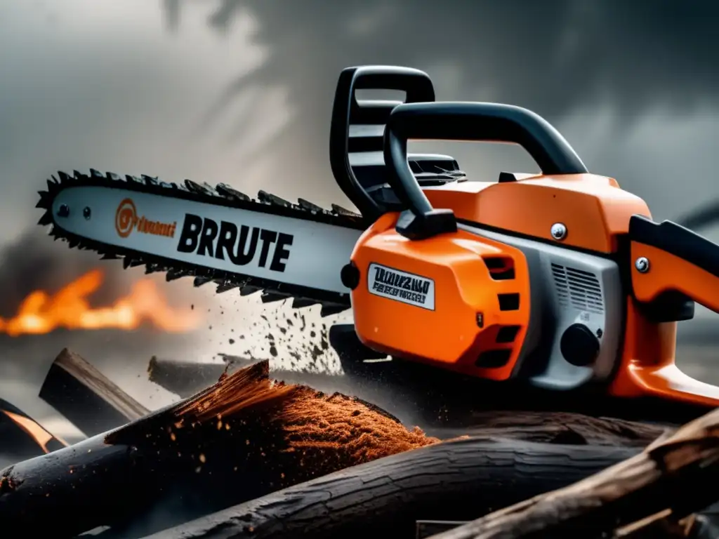 intense chainsaw roars amidst wild hurricane destruction, radiant logo glows, brand identity intact -