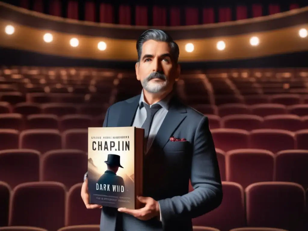 A cinematic portrait of Gordon Chaplin holding his book 'Dark Wind' surrounded by an overly enthusiastic audience